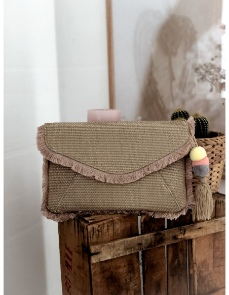 POCHETTE EN TOILE RIGIDE AVEC POMPON ET FRANGES STYLE BOHÈME CHIC BEIGE