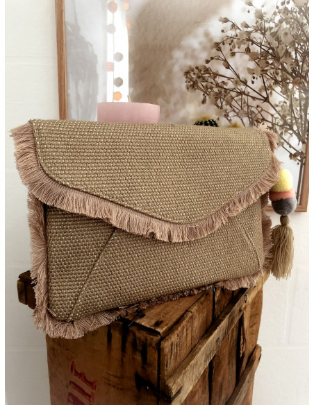 POCHETTE EN TOILE RIGIDE AVEC POMPON ET FRANGES STYLE BOHÈME CHIC BEIGE