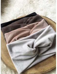 Bandeau cheveux femme chaud bandeau velours en suedine TAUPE croisé devant headband femme 2