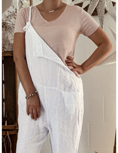 Tee shirt femme rose pale poudré en maille de lin COL V MADE IN ITALY