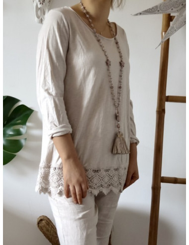 T shirt femme en coton avec dentelle manches longues beige tee shirt long idéal pour superposition sous pull made in italy