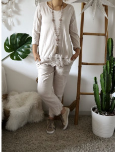 T shirt femme en coton avec dentelle manches longues beige tee shirt long idéal pour superposition sous pull made in italy 2