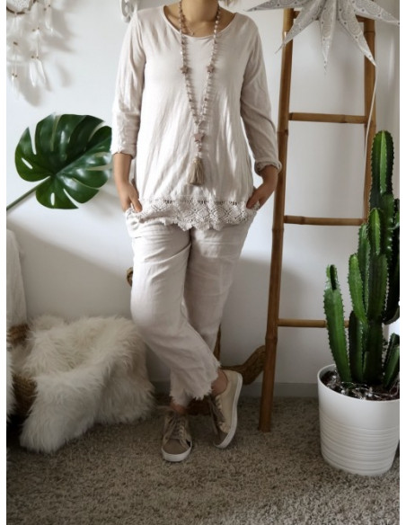 T shirt femme en coton avec dentelle manches longues beige tee shirt long idéal pour superposition sous pull made in italy