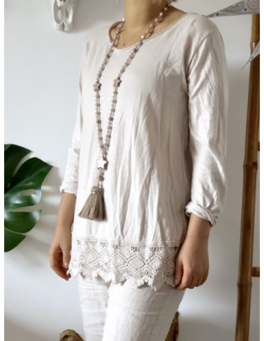 T shirt femme en coton avec dentelle manches longues beige tee shirt long idéal pour superposition sous pull made in italy