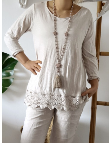 T shirt femme en coton avec dentelle manches longues beige tee shirt long idéal pour superposition sous pull made in italy