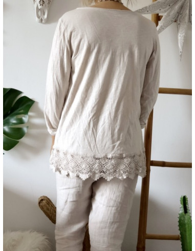 T shirt femme en coton avec dentelle manches longues beige tee shirt long idéal pour superposition sous pull made in italy