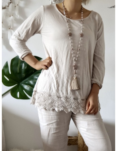 T shirt femme en coton avec dentelle manches longues beige tee shirt long idéal pour superposition sous pull made in italy