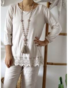 T shirt femme en coton avec dentelle manches longues beige tee shirt long idéal pour superposition sous pull made in italy