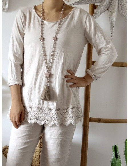 T shirt femme en coton avec dentelle manches longues beige tee shirt long idéal pour superposition sous pull made in italy