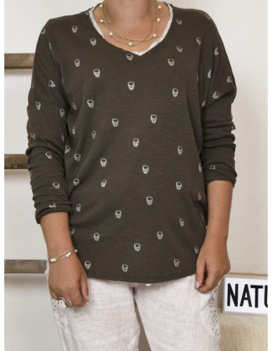 TEE SHIRT FEMME MANCHES LONGUES MARRON COL V MORTIF TETE DE MORT PAILLETÉE