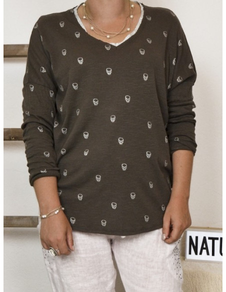 TEE SHIRT FEMME MANCHES LONGUES MARRON COL V MORTIF TETE DE MORT PAILLETÉE