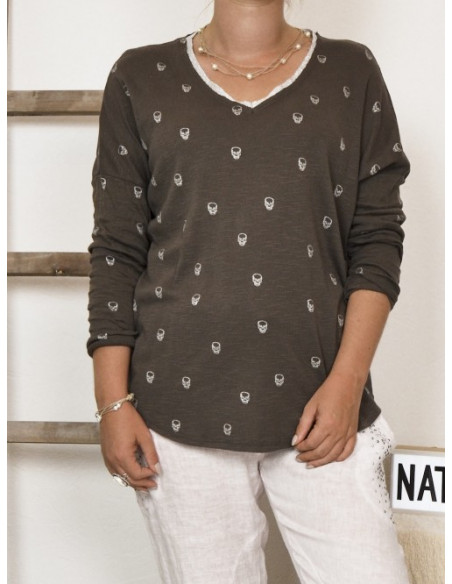 TEE SHIRT FEMME MANCHES LONGUES MARRON COL V MORTIF TETE DE MORT PAILLETÉE