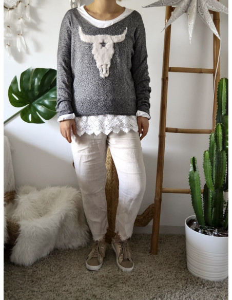 PULL BUFFLE FEMME EN COTON GRIS MADE IN ITALY TETE DE BUFFLE FAUSSE FOURRURE ET PERLE PULL BOHEME