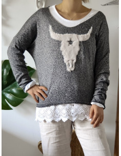 PULL BUFFLE FEMME EN COTON GRIS MADE IN ITALY TETE DE BUFFLE FAUSSE FOURRURE ET PERLE PULL BOHEME 2