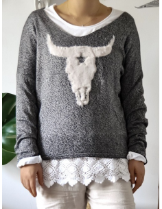 PULL BUFFLE FEMME EN COTON GRIS MADE IN ITALY TETE DE BUFFLE FAUSSE FOURRURE ET PERLE PULL BOHEME