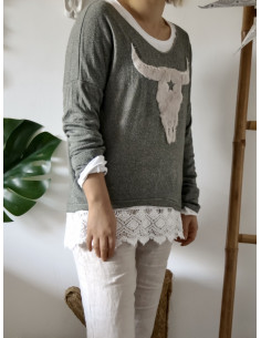 PULL BUFFLE FEMME EN COTON KAKI MADE IN ITALY TETE DE BUFFLE FAUSSE FOURRURE ET PERLE PULL BOHEME 2