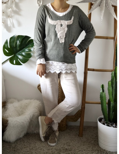 PULL BUFFLE FEMME EN COTON KAKI MADE IN ITALY TETE DE BUFFLE FAUSSE FOURRURE ET PERLE PULL BOHEME