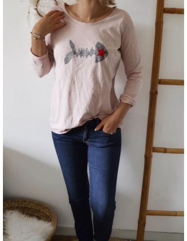Tee shirt femme manches longues coton made in italy motif arete de poisson pailleté et étoile col rond rose pale poudré