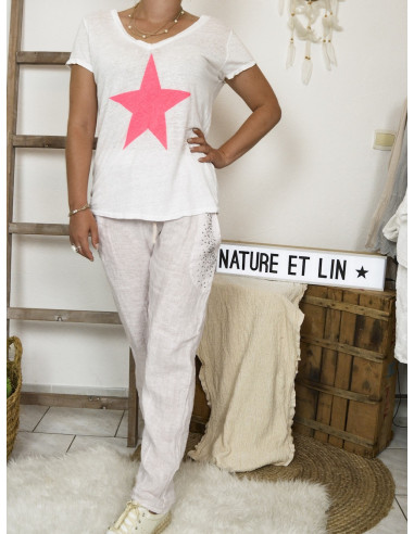 TEE SHIRT FEMME EN LIN MOTIF GROSSE ÉTOILE FLUO BLANC