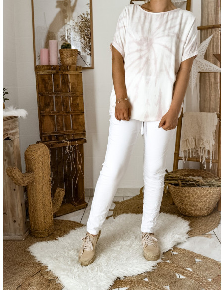 TOP PUR COTON FEMME TIE AND DYE ROSE POUDRÉ ET BLANC MADE IN ITALY