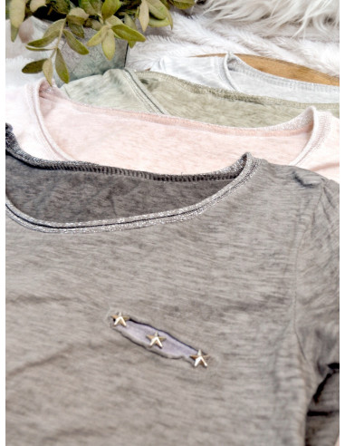 tee shirt femme 3 ÉTOILES cloutées col rond pailleté en coton casual chic made in italy ROSE PALE POUDRÉ effet délavé tee shirt femme 3 ÉTOILES cloutées col rond pailleté en coton casual chic made in italy ROSE PALE POUDRÉ effet délavé