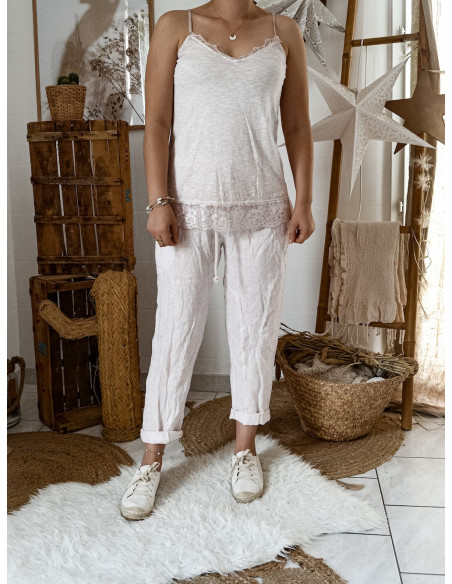 Débardeur caraco dentelle femme bretelle reglable rose pale poudré made in italy caraco coton