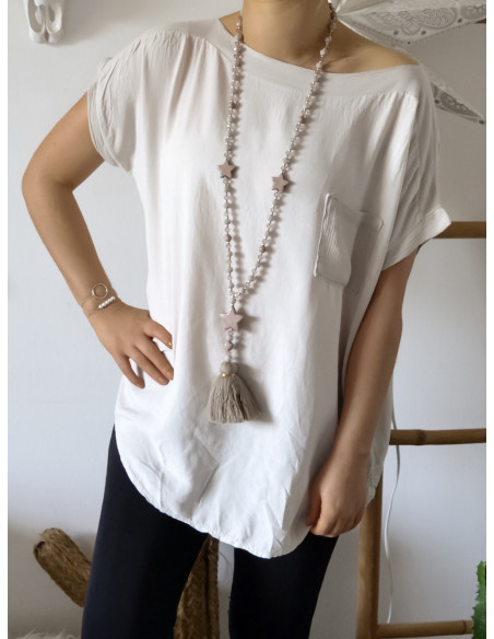 Tee shirt femme fluide col bateau made in italy BEIGE poche et détail ample lose