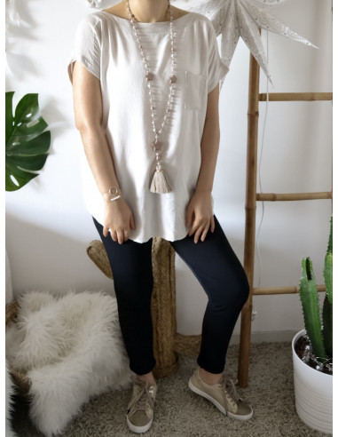 Tee shirt femme fluide col bateau made in italy BEIGE poche et détail ample lose