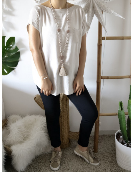 Tee shirt femme fluide col bateau made in italy BEIGE poche et détail ample lose