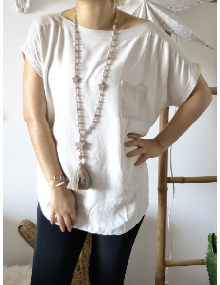 Tee shirt femme fluide col bateau made in italy BEIGE poche et détail ample lose