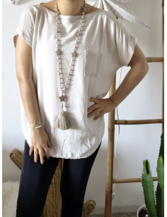 Tee shirt femme fluide col bateau made in italy BEIGE poche et détail ample lose 2