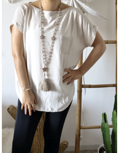 Tee shirt femme fluide col bateau made in italy BEIGE poche et détail ample lose