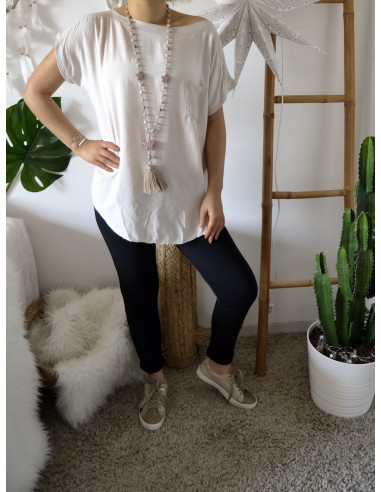 Tee shirt femme fluide col bateau made in italy BEIGE poche et détail ample lose