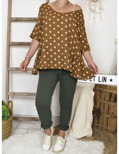 Haut femme 2 en 1 tunique en lin à pois marron et debardeur coton blanc made in italy