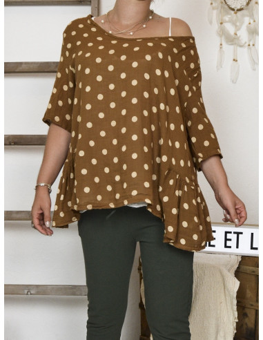 Haut femme 2 en 1 tunique en lin à pois marron et debardeur coton blanc made in italy