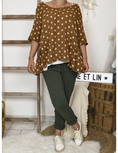 Haut femme 2 en 1 tunique en lin à pois marron et debardeur coton blanc made in italy