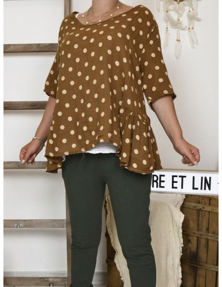 Haut femme 2 en 1 tunique en lin à pois marron et debardeur coton blanc made in italy