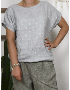 Tee shirt femme lin et coton imprimé pois scintillant made in italy gris