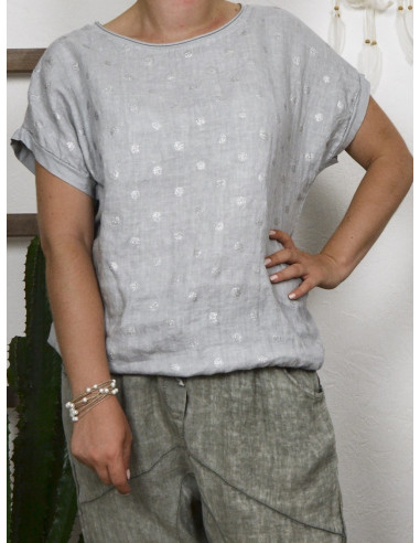 Tee shirt femme lin et coton imprimé pois scintillant made in italy gris