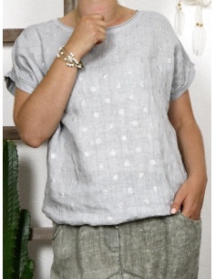 Tee shirt femme lin et coton imprimé pois scintillant made in italy gris 2