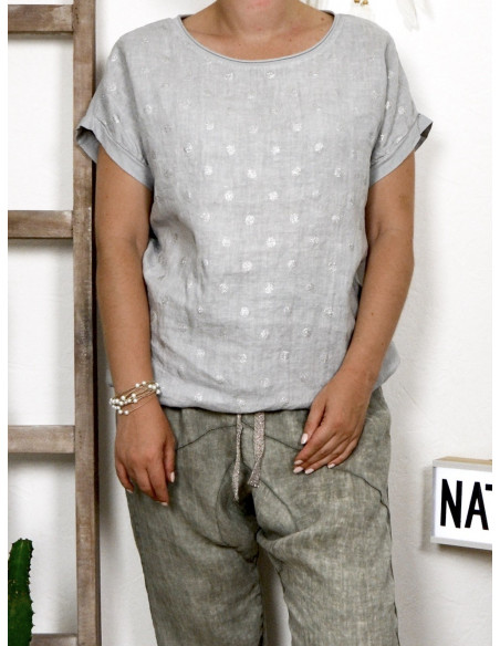 Tee shirt femme lin et coton imprimé pois scintillant made in italy gris