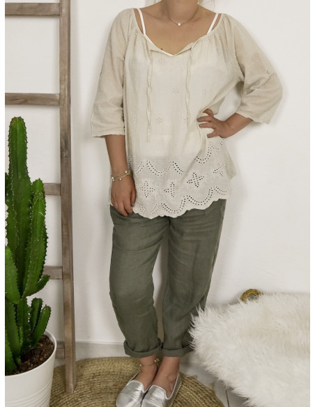 Blouse beige en coton broderies anglaises