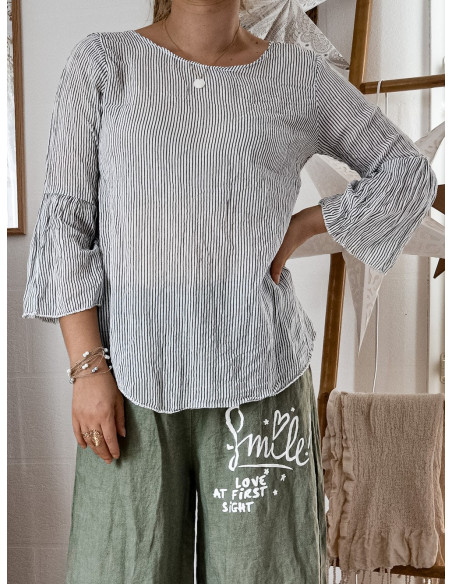 TUNIQUE RAYÉE EN COTON KAKI VOLANT RAYURES MADE IN ITALY