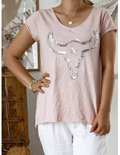 Tee shirt femme manches courtes coton made in italy motif tete de buffle en sequins t shirt rose pale poudré