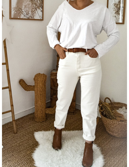 Jean mom taille haute blanc pantalon denim coton pour femme coupe droite Jean mom taille haute blanc pantalon denim coton pour femme coupe droite