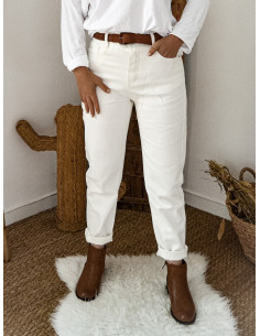 Jean mom taille haute blanc pantalon denim coton pour femme coupe droite