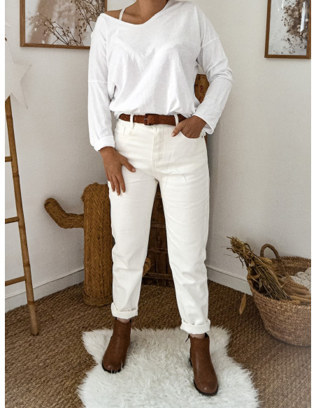 Jean mom taille haute blanc pantalon denim coton pour femme coupe droite Jean mom taille haute blanc pantalon denim coton pour femme coupe droite