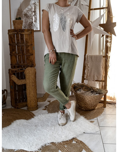 Pantalon en lin pour femme couleur KAKI made in italy coupe droite