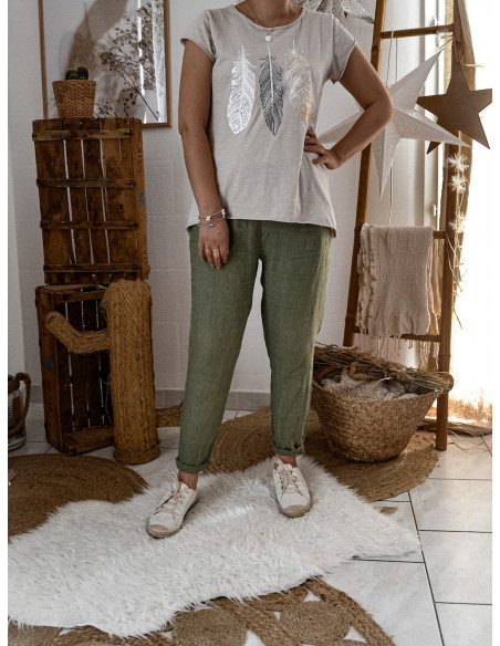 Pantalon en lin pour femme couleur KAKI made in italy coupe droite