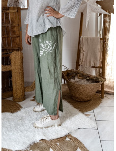 Pantalon en lin ample pour femme couleur KAKI made in italy inscription SMILE LOVE AT FIRST SIGHT 2
